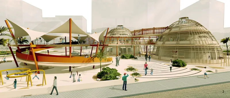 Rendered exterior view of glazed dome structures and tensile canopy roofs with palm trees and walking visitors