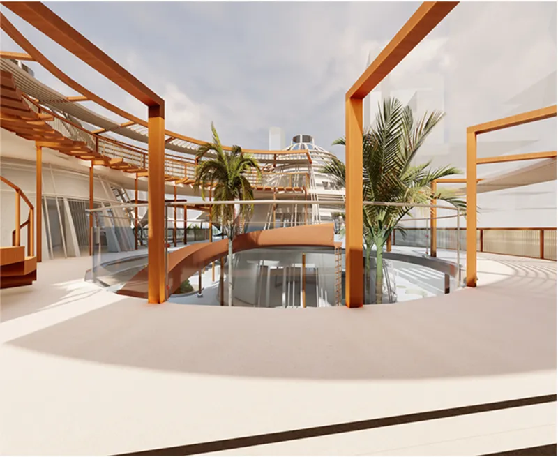 Upper floor view of timber frame structure with horizontal slat railings and potted palms overlooking a central void