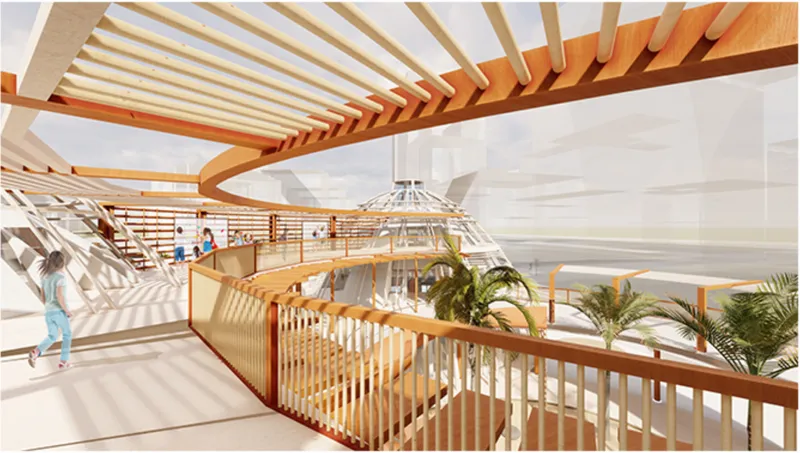 Mezzanine walkway with exposed timber beams overhead and slatted wooden balustrade beside a skylit atrium