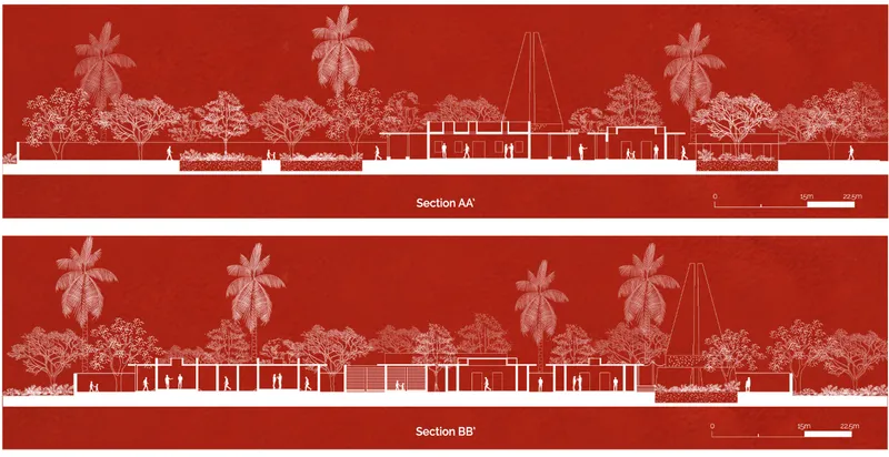 Section drawings showing low pavilion structures beneath palm trees and tropical vegetation