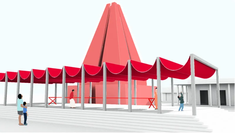 Rendering of a covered plaza with red fabric canopies and people gathered beneath a pyramidal tower