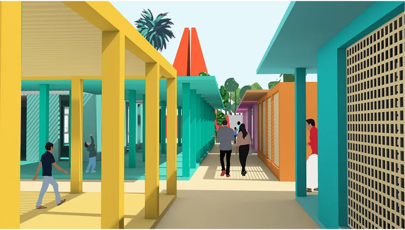 Rendering of pedestrian walkway flanked by yellow and turquoise columns with visitors passing through dappled sunlight