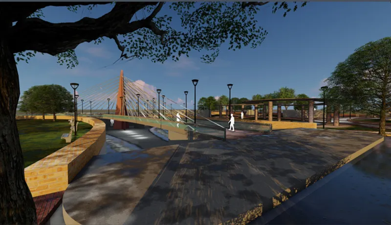 Paved plaza with cable-stayed bridge and pergola structure framed by overhanging tree branches