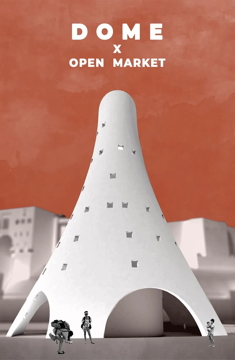 White conical structure with square openings and three arched legs with figures standing beneath