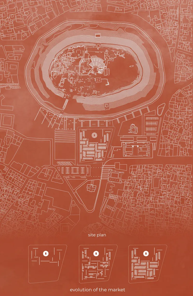 Site plan drawing showing oval amphitheater surrounded by terraced rings and urban fabric