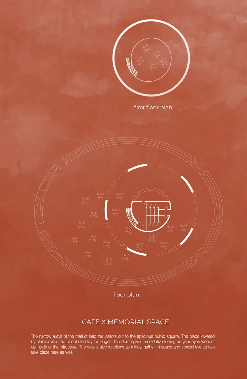 Floor plan drawings depicting circular and oval layouts with central cores and scattered seating