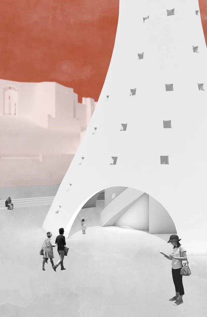 Ground level view of the tripod base with visitors walking through the arched opening