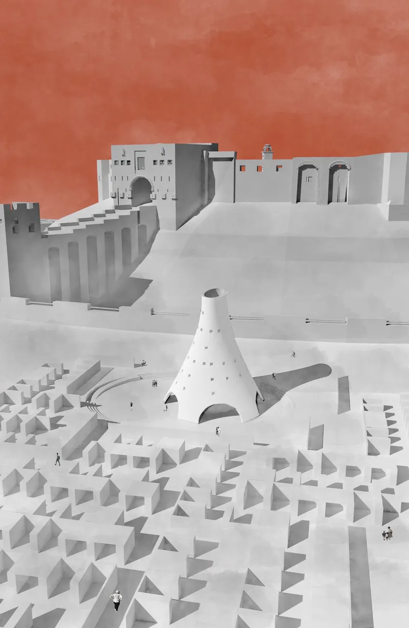 Architectural model showing the cone in a plaza flanked by stepped seating and historic buildings
