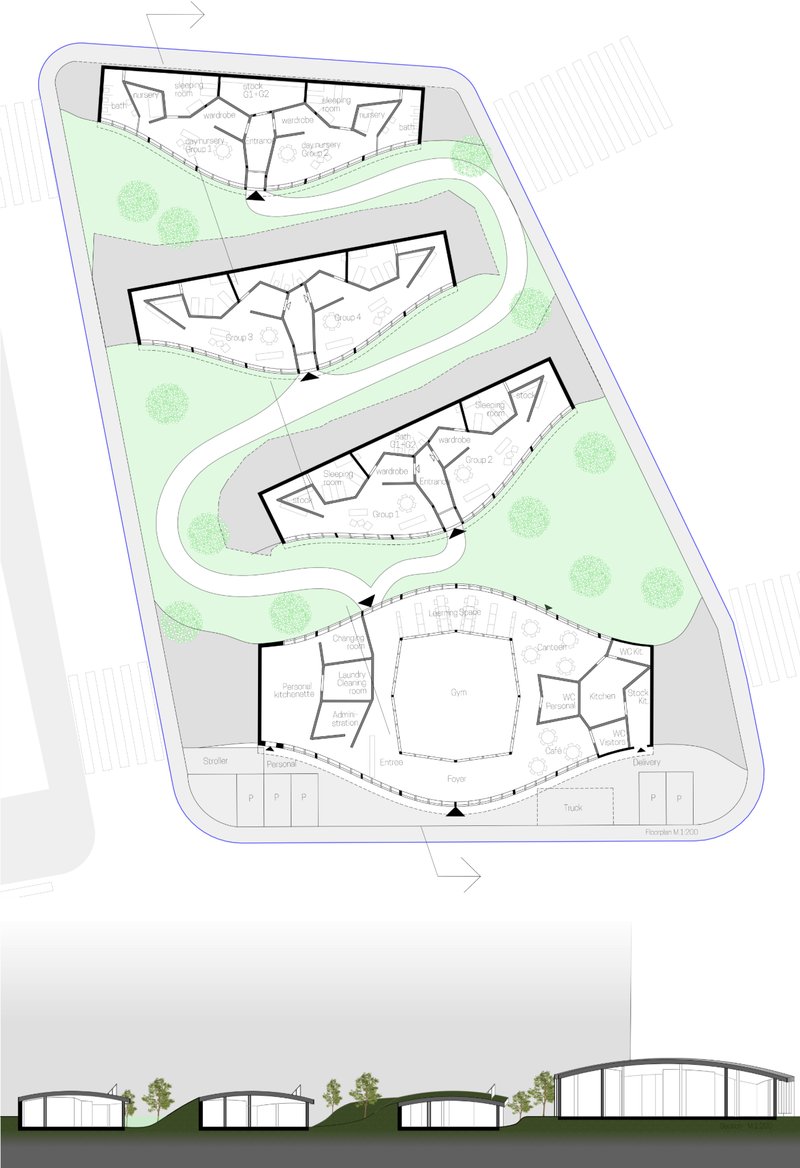 Site plan and section drawings depicting four buildings with vaulted roofs arranged along a curved landscaped path