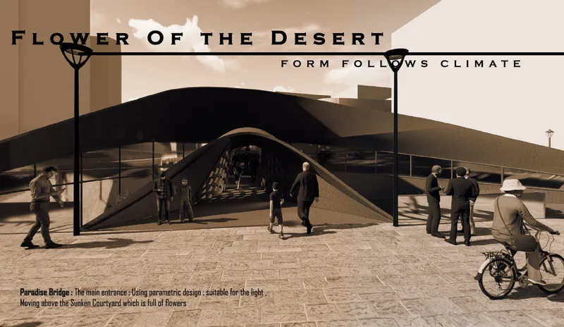 Rendering of pedestrian plaza with arched entry and figures walking under the overhanging roof form