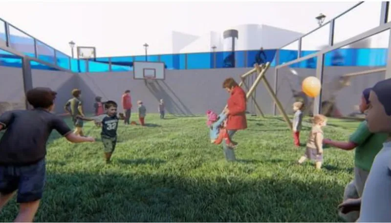 Rendering of an enclosed courtyard with grass, basketball hoops and figures playing under an open sky