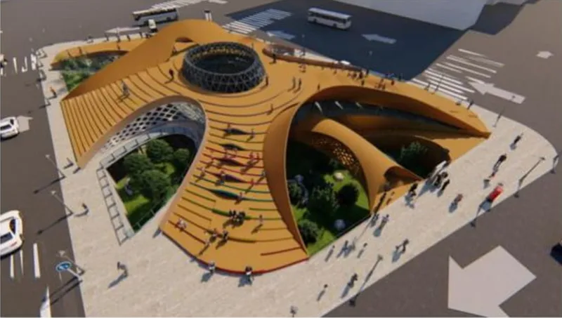 Aerial view of the curved roof openings framing planted courtyards with pedestrians and vehicles at street level