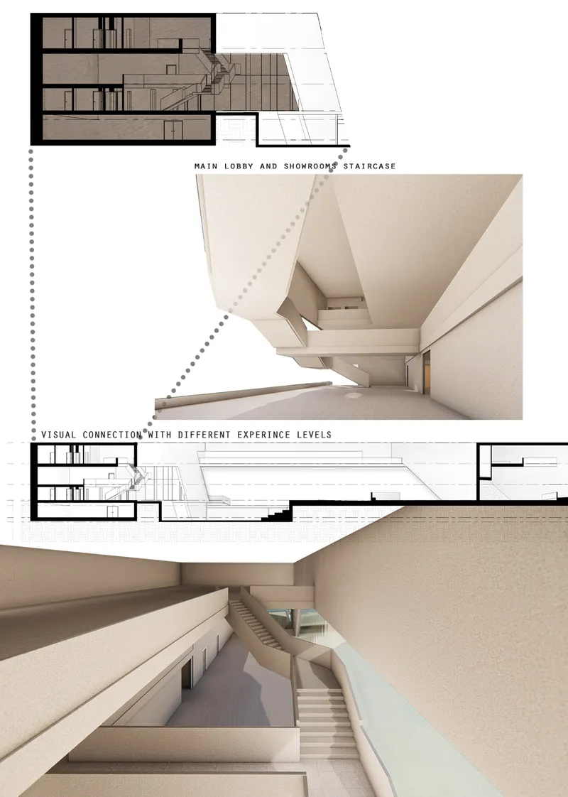 Section drawings and interior renderings illustrating multilevel lobby spaces with cascading stairs and vertical connections