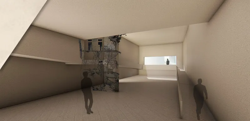 Interior view of a gallery space with stepped platforms, a preserved ruin fragment and figures beneath angular skylights