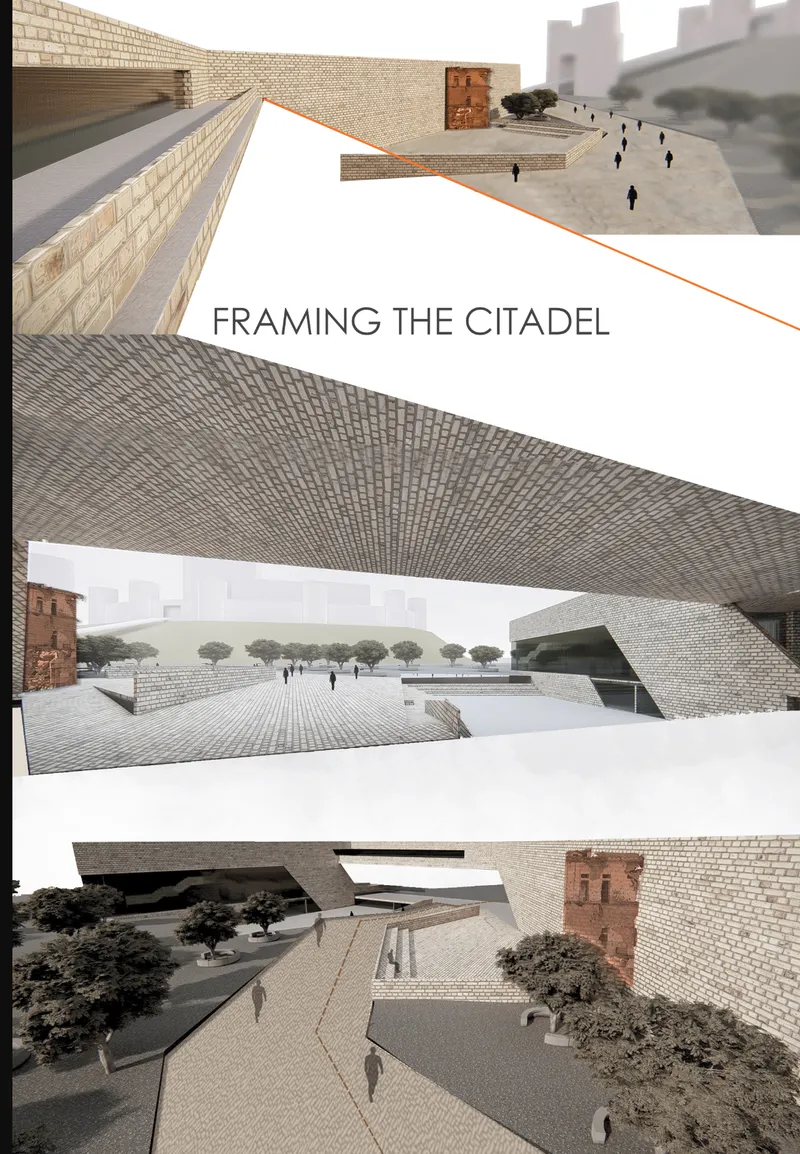Three exterior renderings showing the paved plaza with cantilevered roof, masonry walls and pedestrians under hazy skies