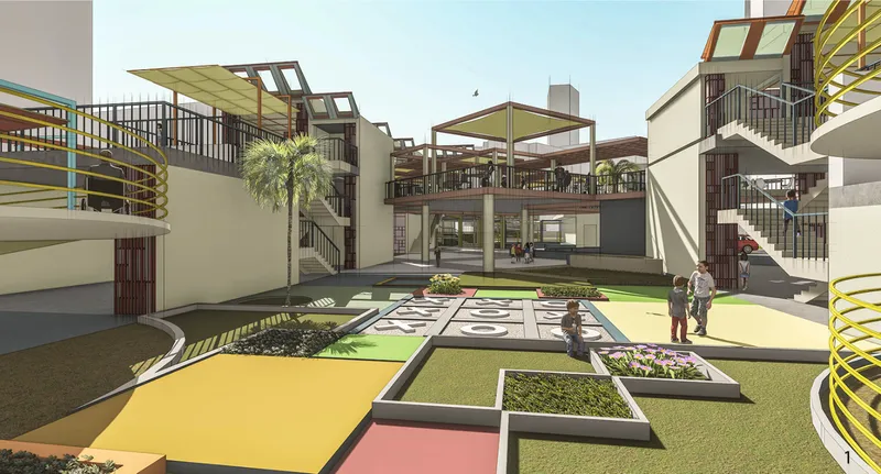 Perspective rendering of a central courtyard with colorful patterned ground plane and figures walking between low volumes