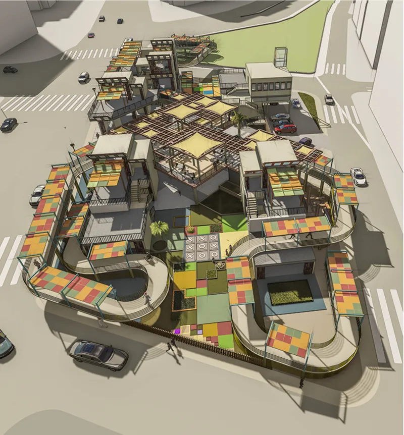 Aerial view rendering of clustered volumes with multicolored tiled facades and yellow canopy structures in bright sunlight