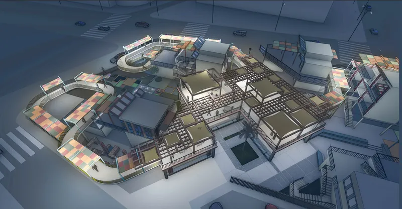 Bird's-eye rendering of the low-rise complex with pergolas and rooftop courtyards in evening light