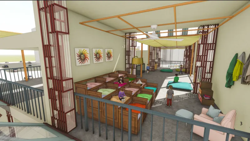 Interior rendering of a classroom with timber lattice partitions and children seated at low tables