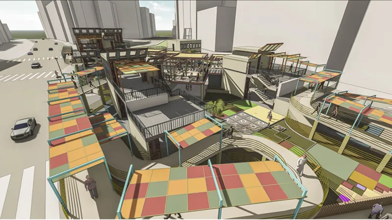 Elevated perspective rendering showing rooftop canopies and curving pathways linking volumes clad in multicolored tiles