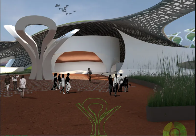Exterior plaza view with branching white columns supporting a latticed canopy above visitors on paved ground
