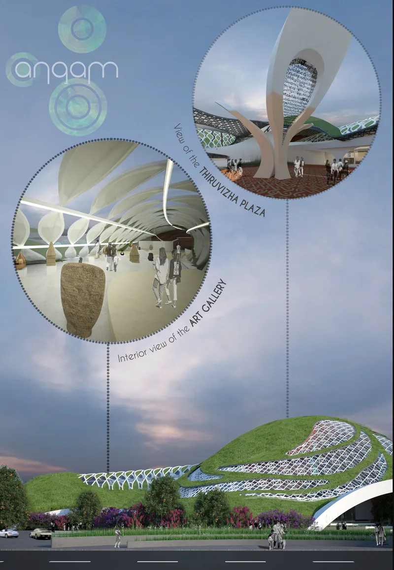 Rendering composite showing the grass-covered roof with latticed canopy structure and vaulted gallery interior with visitors