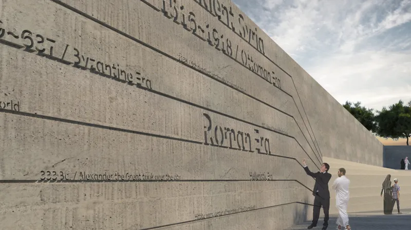 Angled concrete wall with engraved text and visitors examining the inscriptions