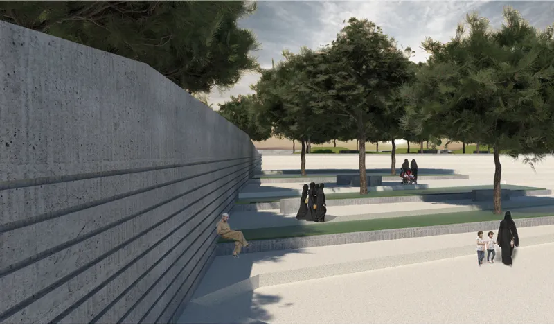 Concrete stepped plaza with visitors gathering beneath mature pine trees