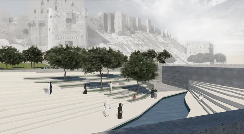 Terraced plaza with water channel and concrete wall beneath historic hillside fortifications in mist