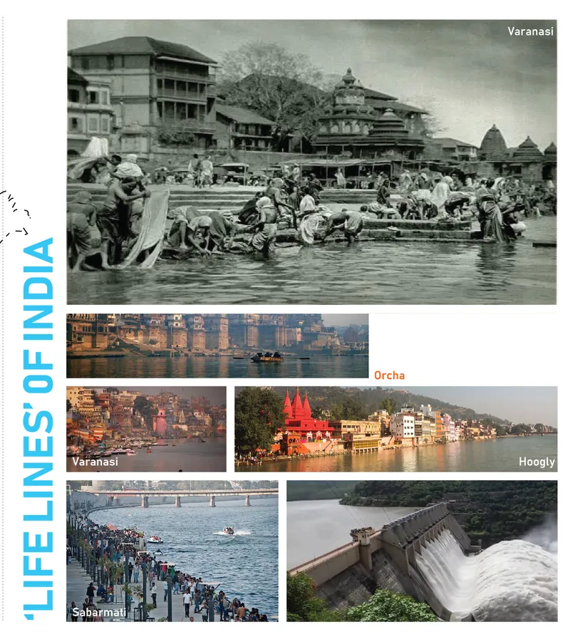 Collage showing riverfront ghats with traditional temples and crowds of bathers along the water's edge