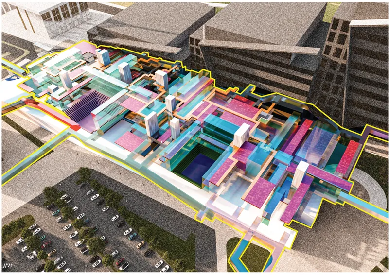 Aerial rendering of a multi-colored sectional model revealing layered interior spaces below surrounding buildings