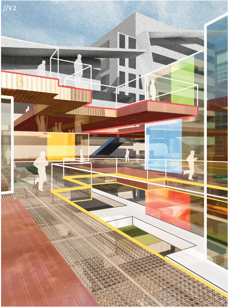 Sectional rendering with overlapping transparent planes showing stacked floors and silhouetted figures moving through the space