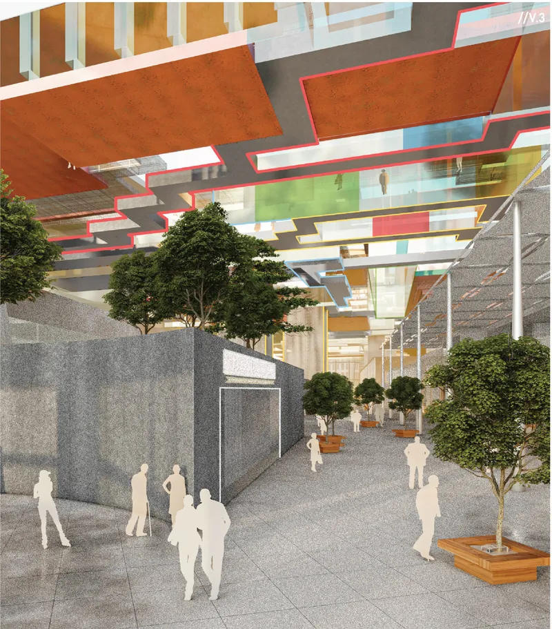Rendering of a covered courtyard with trees in planters and overhead canopy of colored horizontal planes