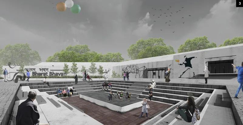 Rendering of a sunken plaza with tiered concrete seating and people gathering under an overcast sky with balloons