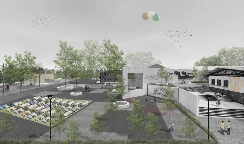 Aerial rendering showing a public plaza with planted beds, scattered trees, and white concrete walls with graffiti