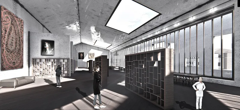 Gallery interior with exposed concrete ceiling, gridded shelving units, and sunlight streaming through vertical window louvers