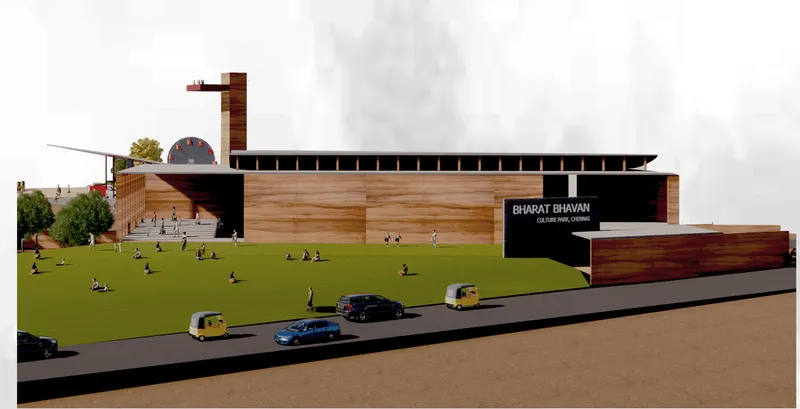 Rendering of the horizontal timber-clad auditorium building with exposed roof beams, observation tower, and people on the lawn
