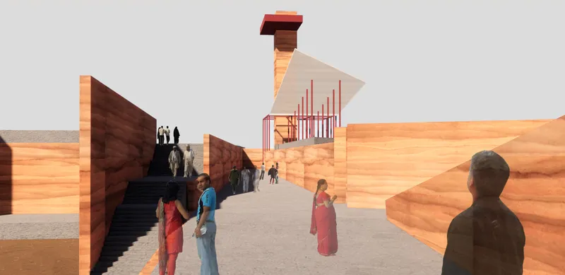 Interior courtyard view with layered timber walls, central stair, tower element above, and visitors walking through the space