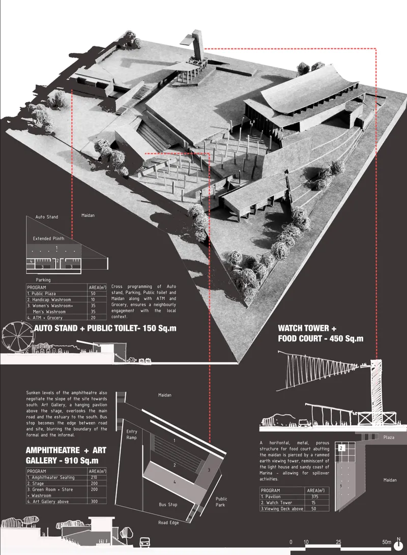 Presentation board featuring a physical model view showing the watch tower and public facilities with surrounding landscape and trees