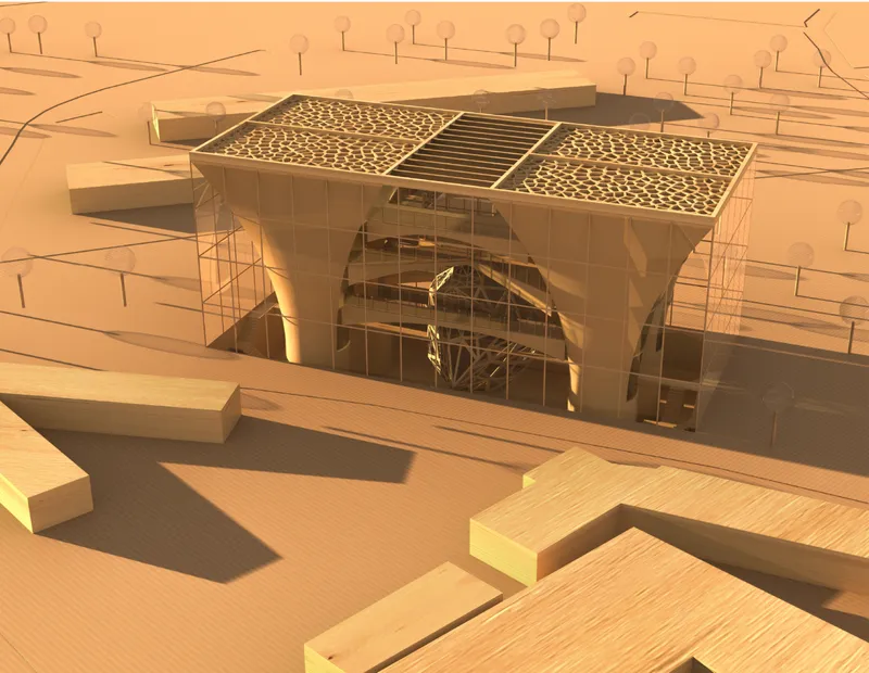 Aerial view of the perforated roof canopy with triangulated panels above a glazed entry facade in desert light