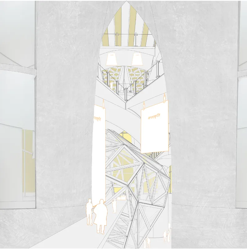 Perspective drawing of multi-story atrium with triangulated sculptural installation and figures below a striped conical skylight