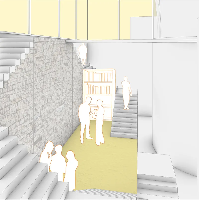 Interior perspective showing textured brick wall, yellow floor, wide stairs and figures near a display case
