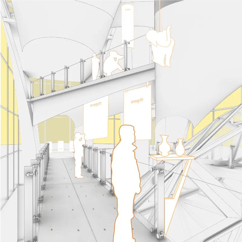 Interior view of mezzanine level with metal railing, pottery displays, escalator and figures under curved white ceiling
