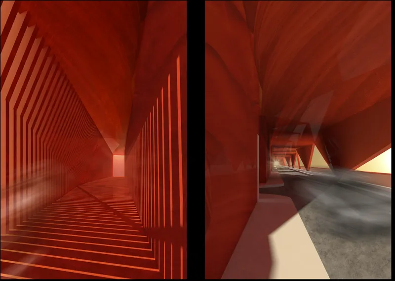 Corridor with ribbed red surfaces receding toward a distant opening and shadowed passage to the right