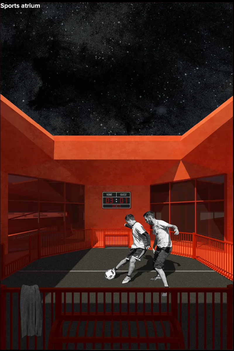 Section rendering of the sports court with two players beneath an open roof framing the night sky