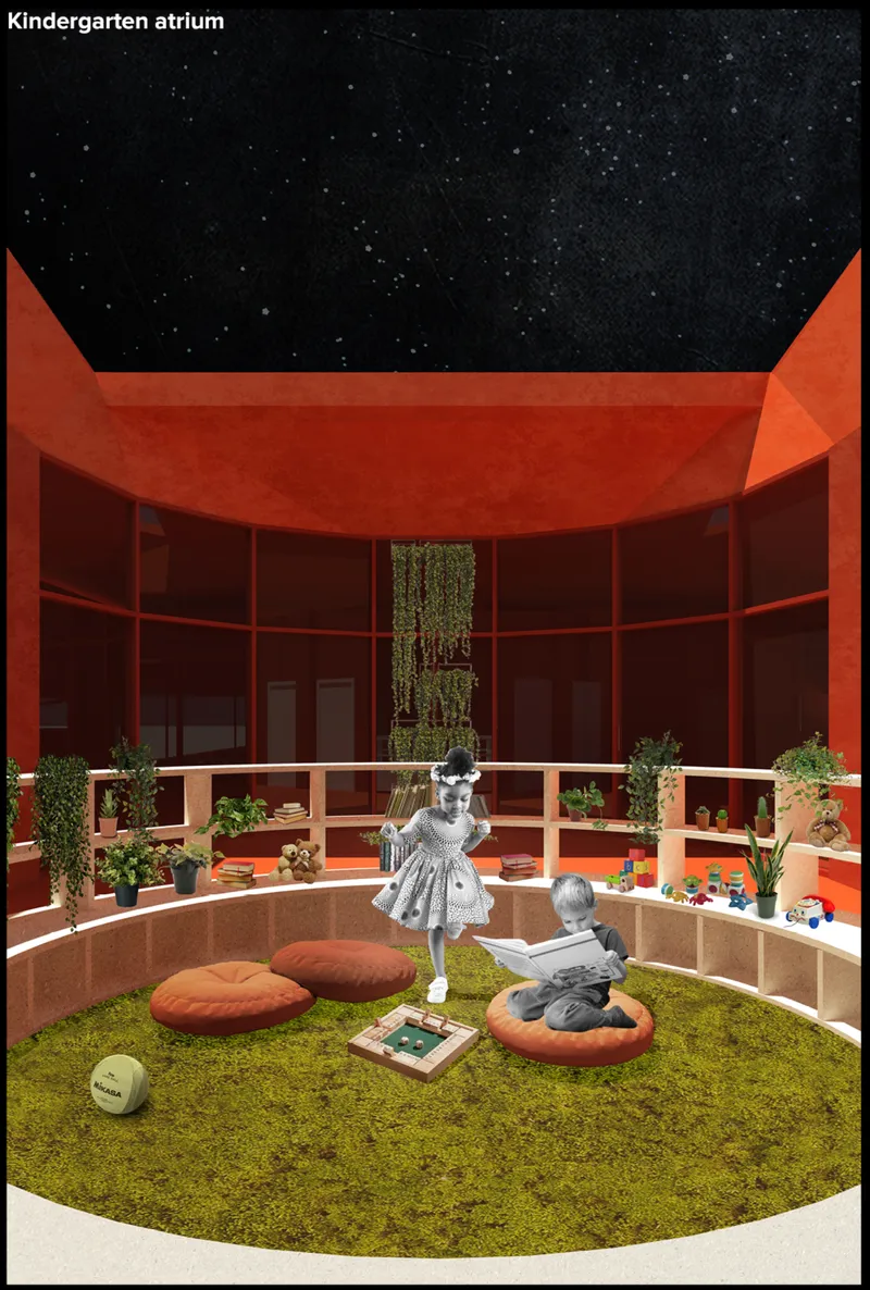 Section rendering of the circular classroom with grass floor, cushions, and hanging plants under a starry opening