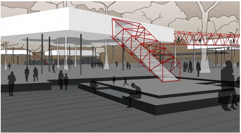 Perspective rendering of a terraced plaza with timber decking and a red steel truss installation among the trees