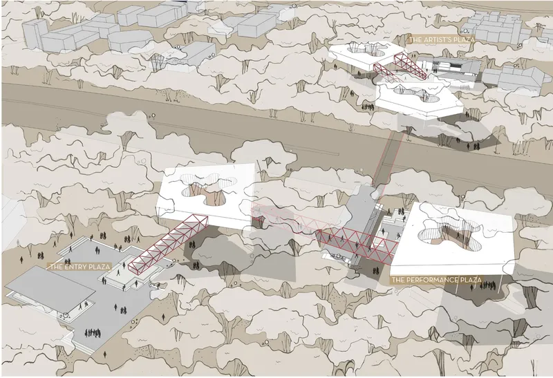 Axonometric drawing showing multiple pavilions and a red structural element distributed across a forested landscape