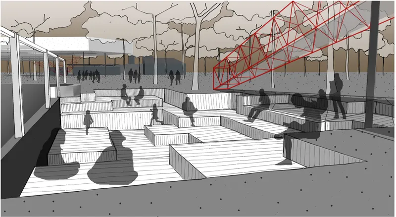 Rendered view of sunken seating areas with timber steps and benches beneath a red triangulated canopy