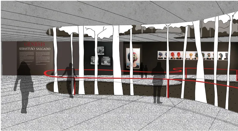 Interior rendering of a gallery corridor with white columns and framed artworks along dark walls